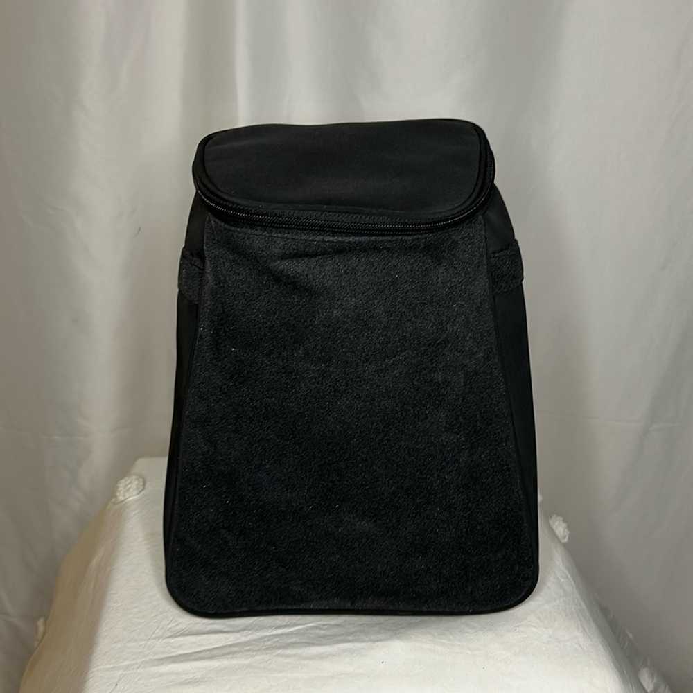 LIZ CLAIBORNE LIZ SPORT black nylon and felt material backpack. Silver hardware.